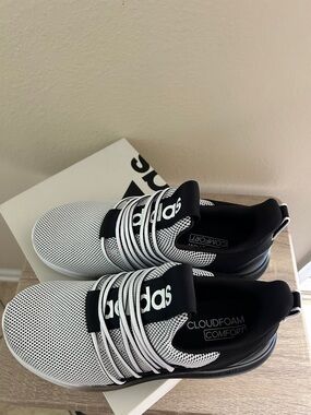 Adidas men’s lite racer Black & White Cloudfoam Slip-On Trainers 9.5